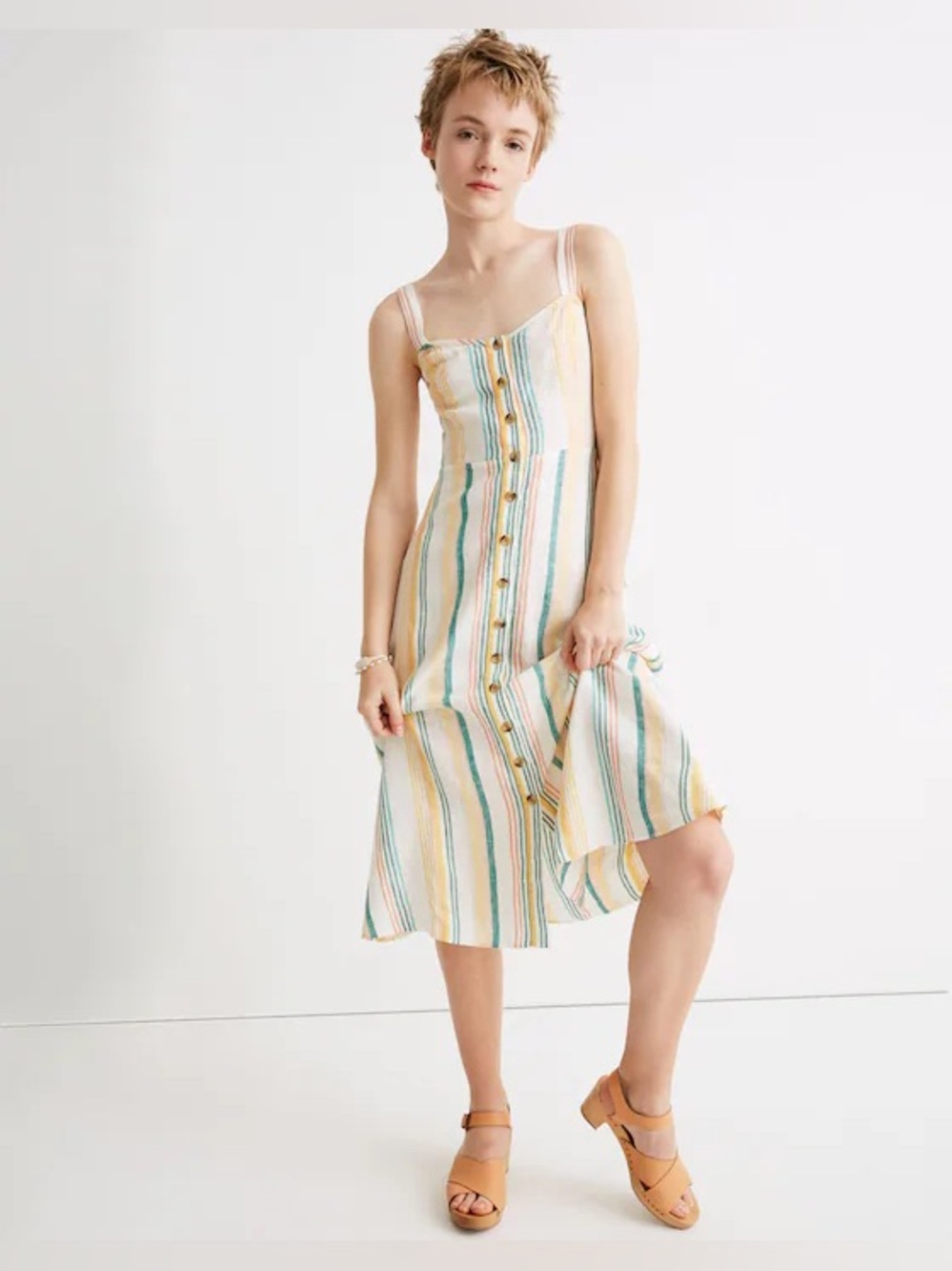 Madewell Linen Fitted-Bodice Midi Dress in Stripe